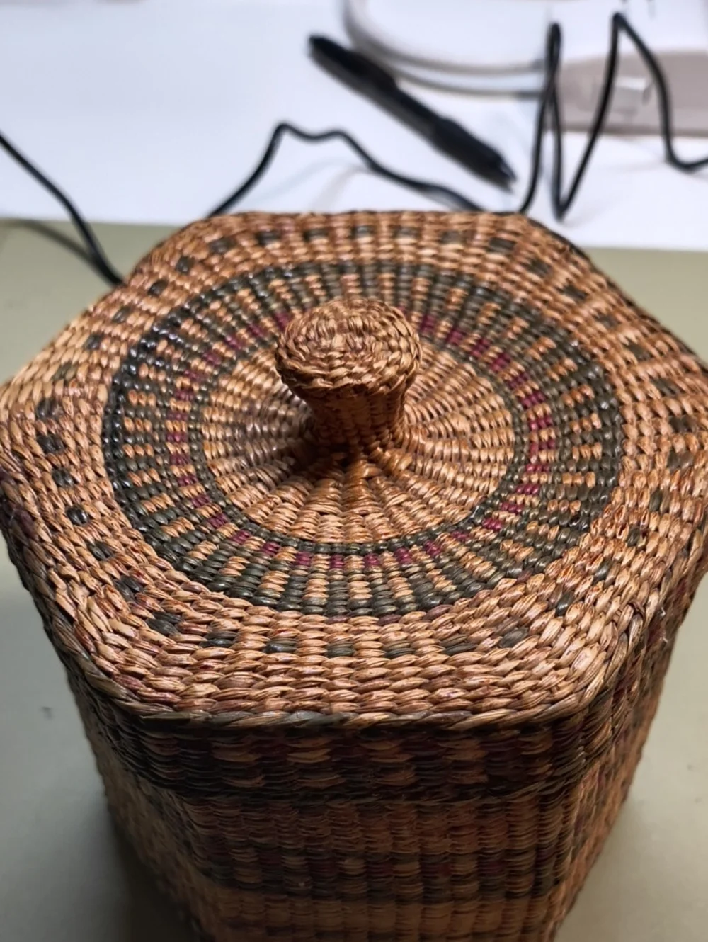 Handwoven Natural Seagrass Lidded Storage Jar - Brown with Red & Green Accents